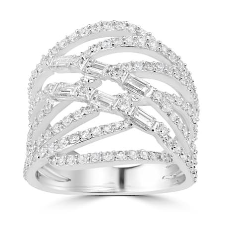 GEMistry Baguette & Round White CZ Crossover Ring, Sterling Silver