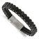 Black Leather and Stainless Steel Brushed Cable 8.5-inch Bracelet