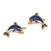 14k Yellow Gold Blue and White Enameled Dolphin Stud Earrings