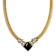 Yellow Base Metal Black Onyx Square Clear Crystal Necklace 16 inch Adj.