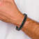 Black Leather and Stainless Steel Brushed Cable 8.5-inch Bracelet