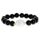 Cultured Freshwater Pearl And Black Agate Stretch Bracelet In Solid 14K
Yellow Gold 12mm