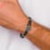 Black Leather and Stainless Steel Brushed Compass 8.5-inch Bracelet