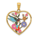 14K Yellow Gold Enameled Hummingbird with Flowers Heart Pendant
