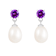 White Freshwater Pearl And Amethyst Dangle Earrings In Sterling Silver