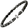 Black Hematite Cross Charm Beaded Stretch Bracelet In Sterling Silver