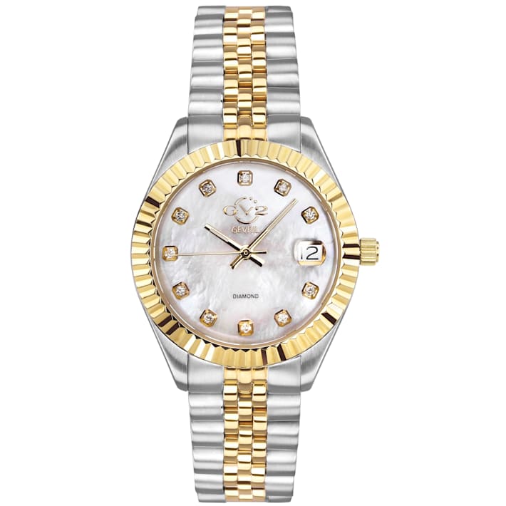 GV2 By Gevril Women's 12404 Naples Diamond White MOP Dial Two Tone