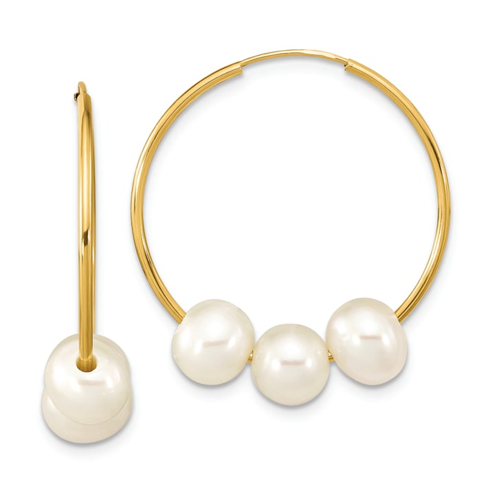 アクセサリー PEARL HOOP&CHAIN PIERCED EARRINGS 14K Yellow Gold 6-7mm Semi-round White Freshwater Cultured