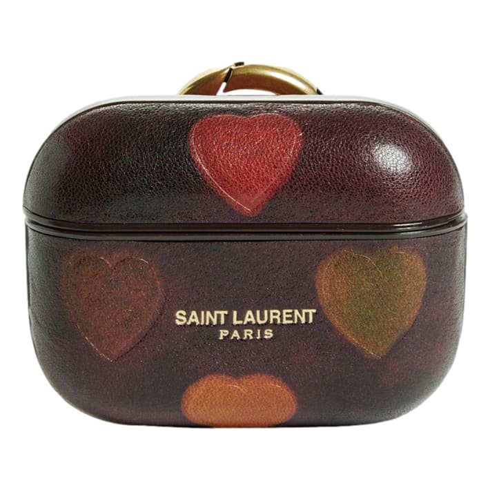 Saint Laurent Heart Printed Brown Textured Leather Airpods