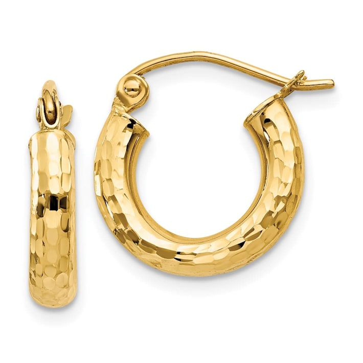 14k Yellow Gold 14mm x 3mm Diamond-cut Round Hoop Earrings