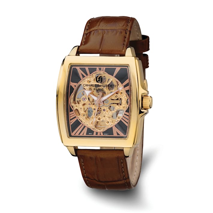 Charles Hubert Brown Strap IP plated Skeleton Dial Automatic Watch 16BB3A