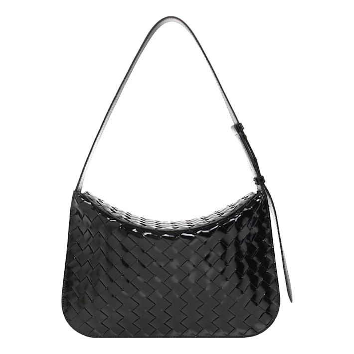 Bottega Veneta Intrecciato Patent Black Leather Flap Small