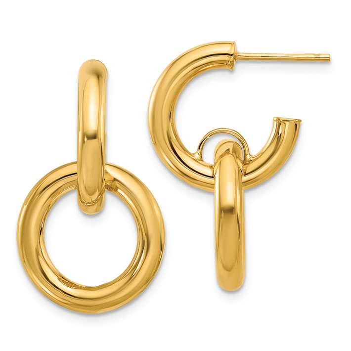 14k Yellow Gold Polished Hoop with Dangle Circle Earrings