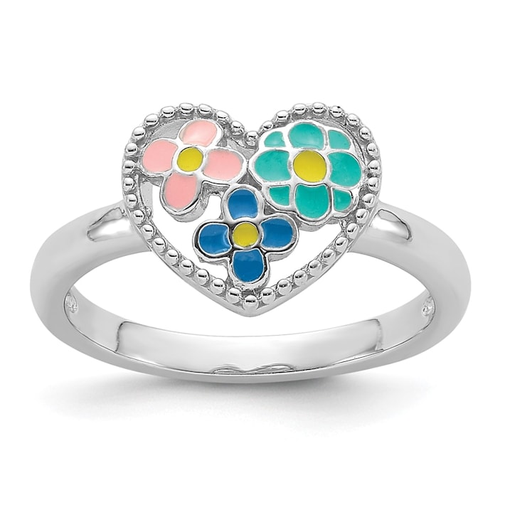 Rhodium Over Sterling Silver Beaded and Enameled Floral Heart Children ...