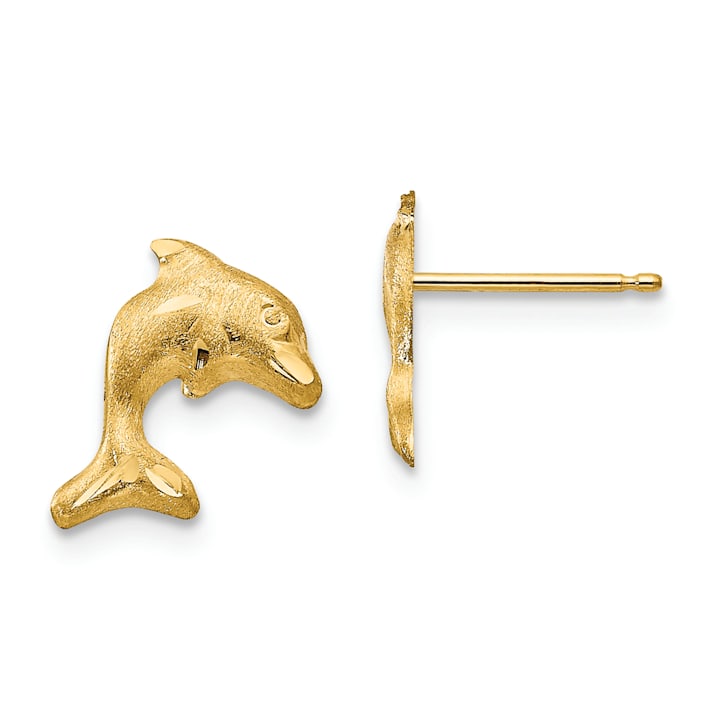 金雀 14k Yellow Gold Satin and Diamond-Cut Dolphin Stud Earrings