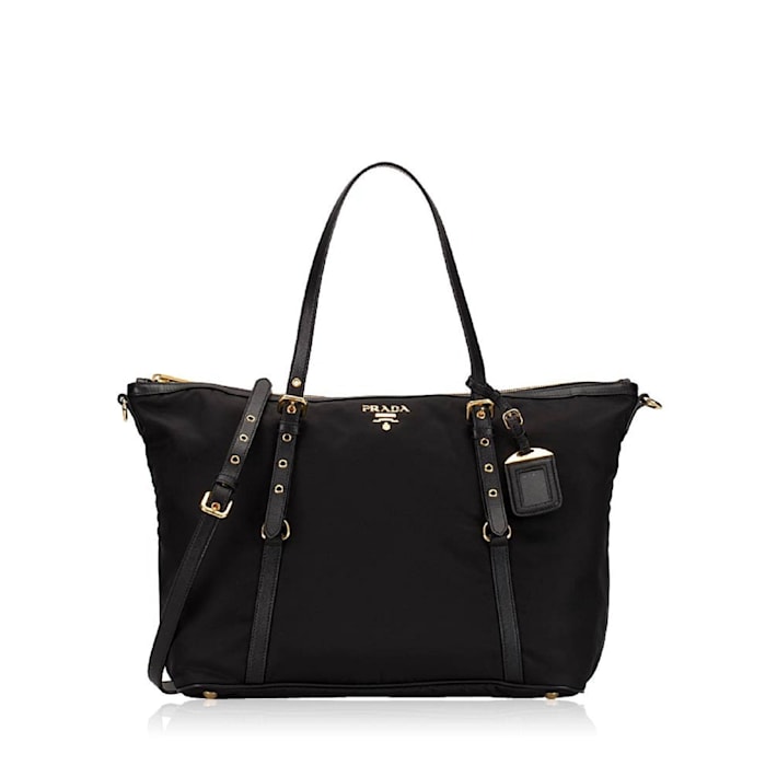 Prada Tessuto Nylon Saffiano Leather Black Top Zip Tote Bag - 16N81A