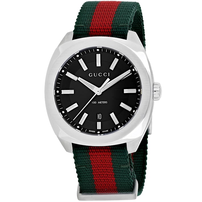 Gucci GG2570 Quartz Black Dial Green & Red Nylon Strap Watch For Men - YA142305
