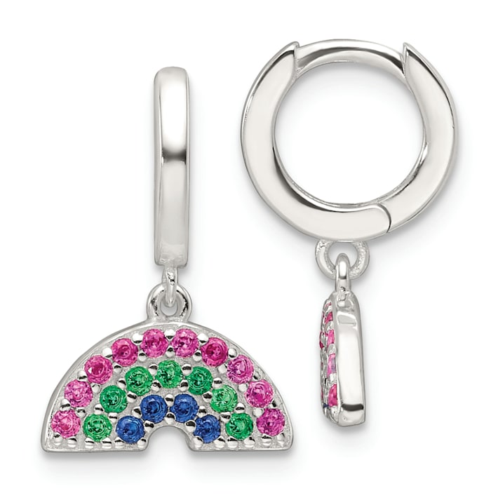 Sterling Silver E-Coating Multicolor CZ Dangle Rainbow Hoop