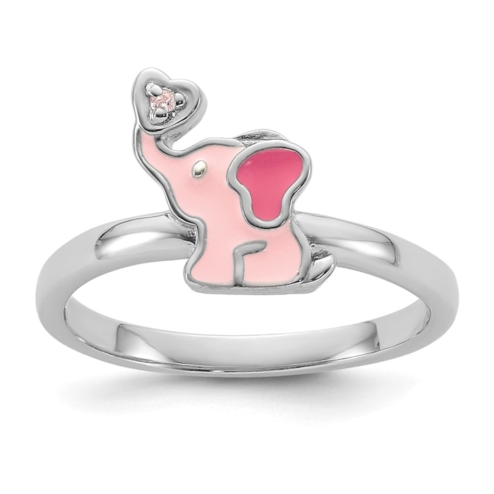 Rhodium Over Sterling Silver Pink Enamel and Cubic Zirconia Elephant ...