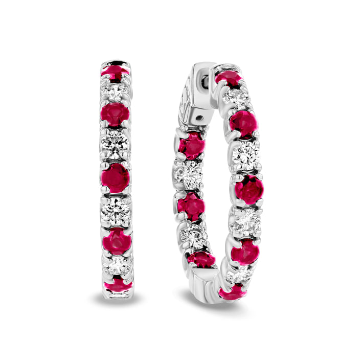 3.58ctw Ruby and Diamond Hoop Earrings in 14k White Gold - 1DH43C
