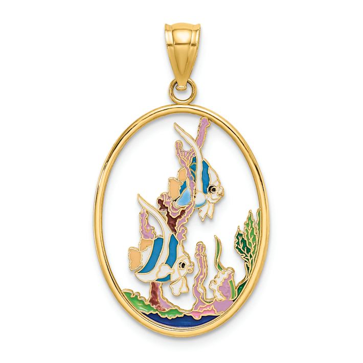 14k Yellow Gold Multi-Color Enamel Angelfish in Underwater Scene Oval ...