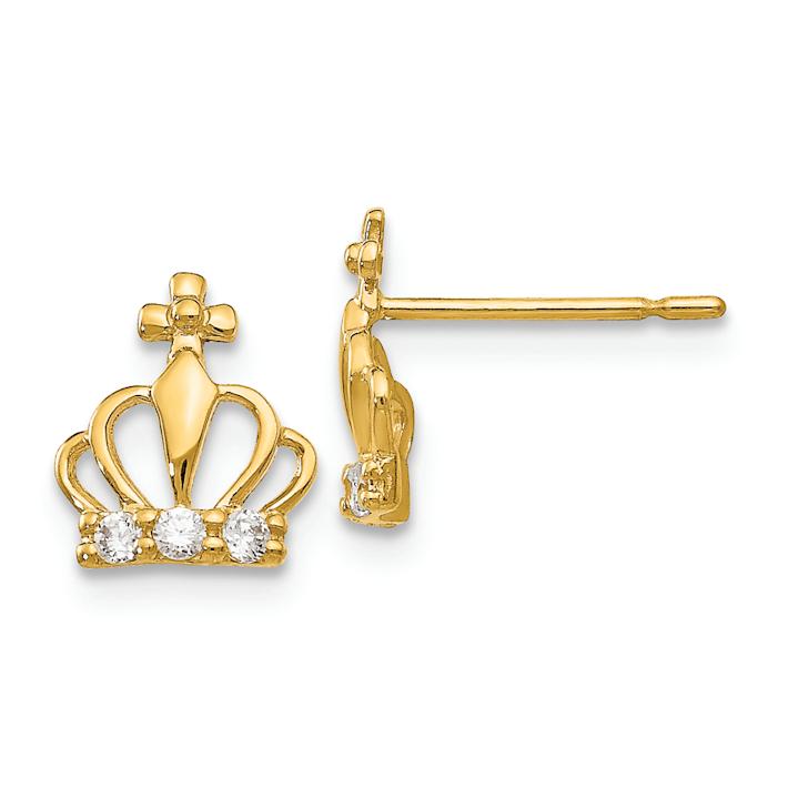 ピアス Crown Bead Stud Earrings #7122 14k Yellow Gold Cubic Zirconia Children's Crown Stud