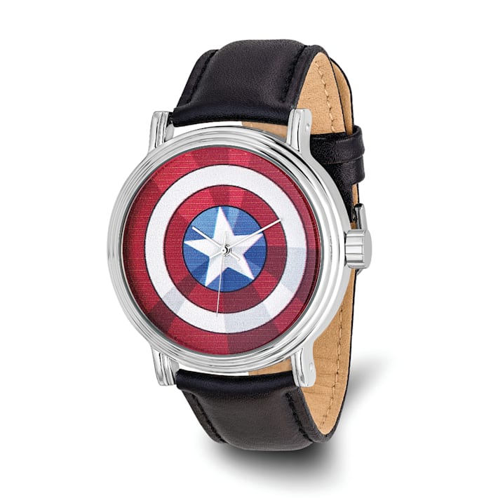Marvel Captain America Adult Size Black Leather Band Watch 15RY4A
