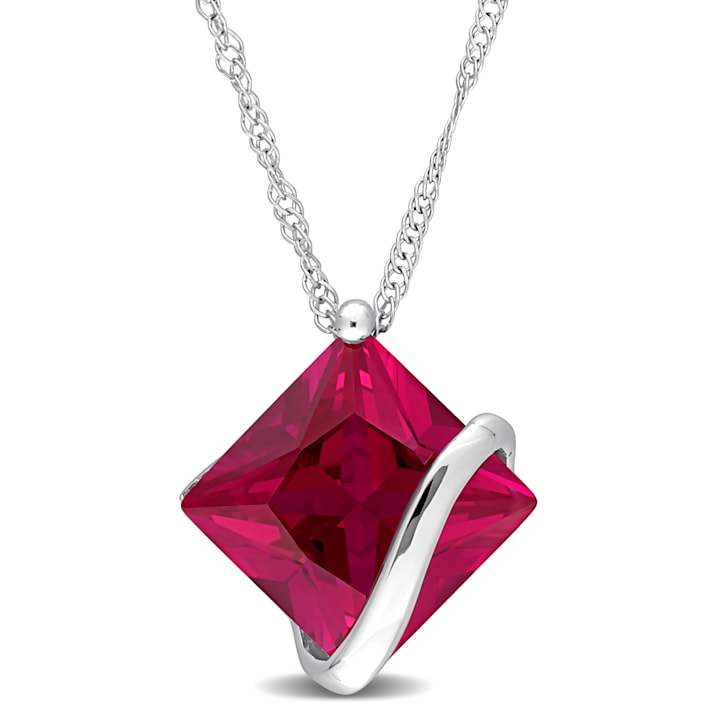 3.06 CT TGW Created Ruby Square Pendant with Chain in 10K