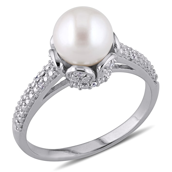 8-8.5MM Freshwater Cultured Pearl Ring with Diamonds in