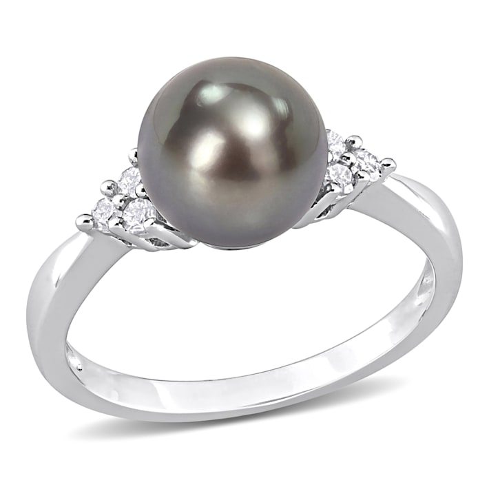 8-8.5MM Black Tahitian Pearl and 1/8 CT TDW Diamond Ring in