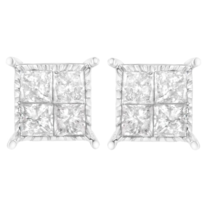 【2025秋冬新作】 Gold White 10K Square 3 Diamond Cut Princess with Earrings ネイルカラー・マニキュア