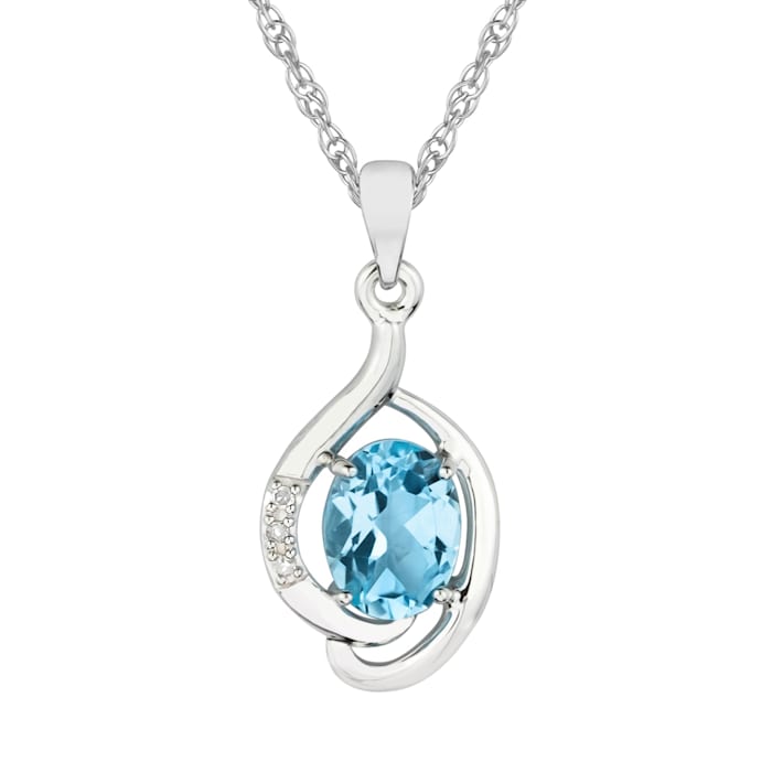 10k White Gold Genuine Oval Blue Topaz and Diamond Pendant