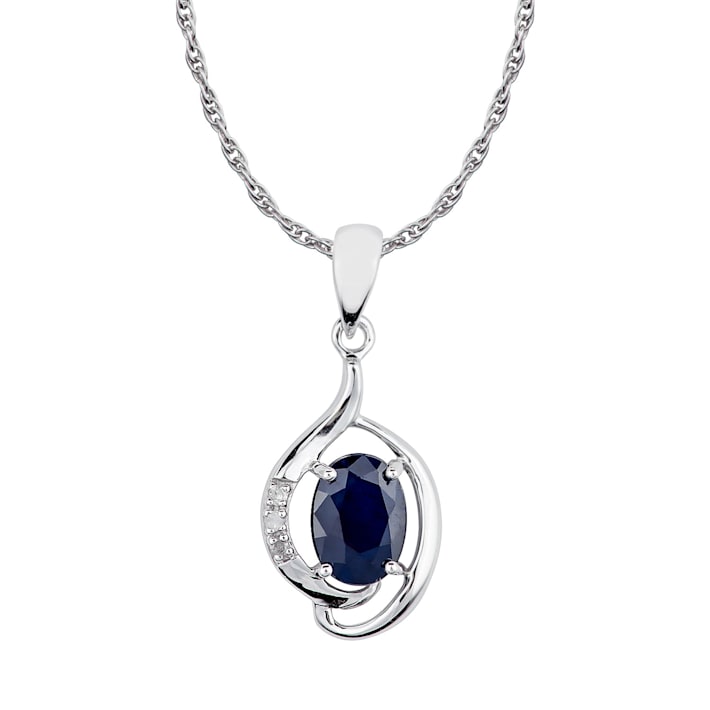 10k White Gold Genuine Oval Sapphire and Diamond Pendant With Chain - 182T2A