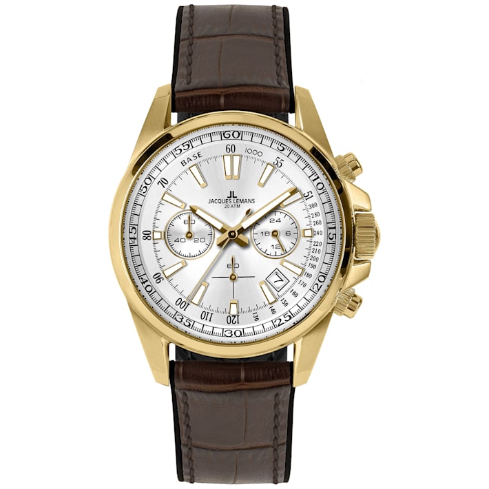 JACQUES LEMANS Men s Sport Watch Silicone Leather Stainless Steel Strap Gold Chronograph 1 2117 15HBGA