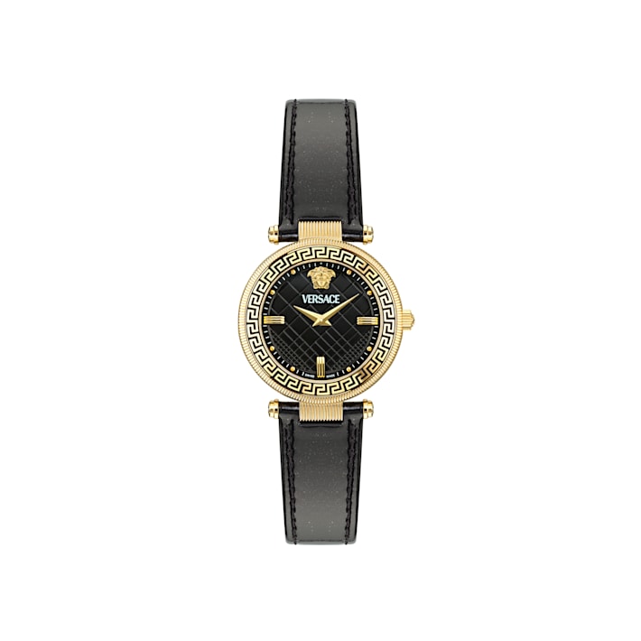 Versace Reve Womens Watch IP Yellow Gold Case Black Guilloché Dial