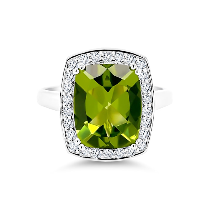 14K Rhodium Over White Gold Cushion Peridot and Diamond Ring 4.22ctw ...