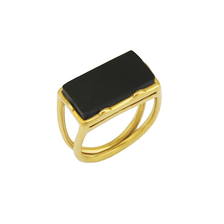 REBL Nova Black Agate 18K Yellow Gold Over Hypoallergenic Steel Ring