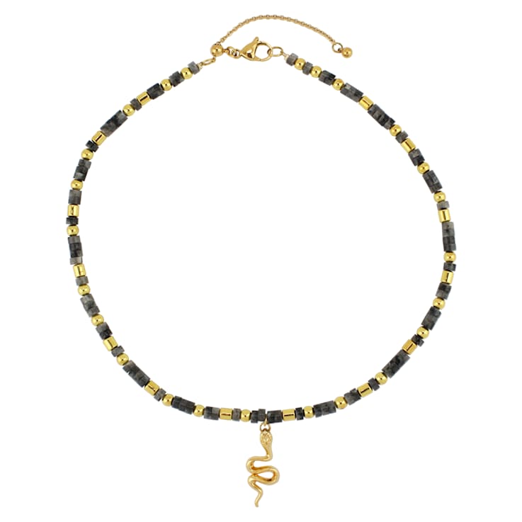 REBL Kye Larvikite 18K Yellow Gold Over Hypoallergenic Steel Snake
Beaded Necklace