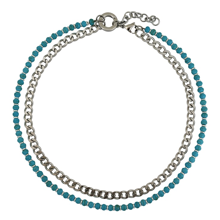 REBL Cleo Blue Magnesite Hypoallergenic Steel Beaded Necklace With Chain