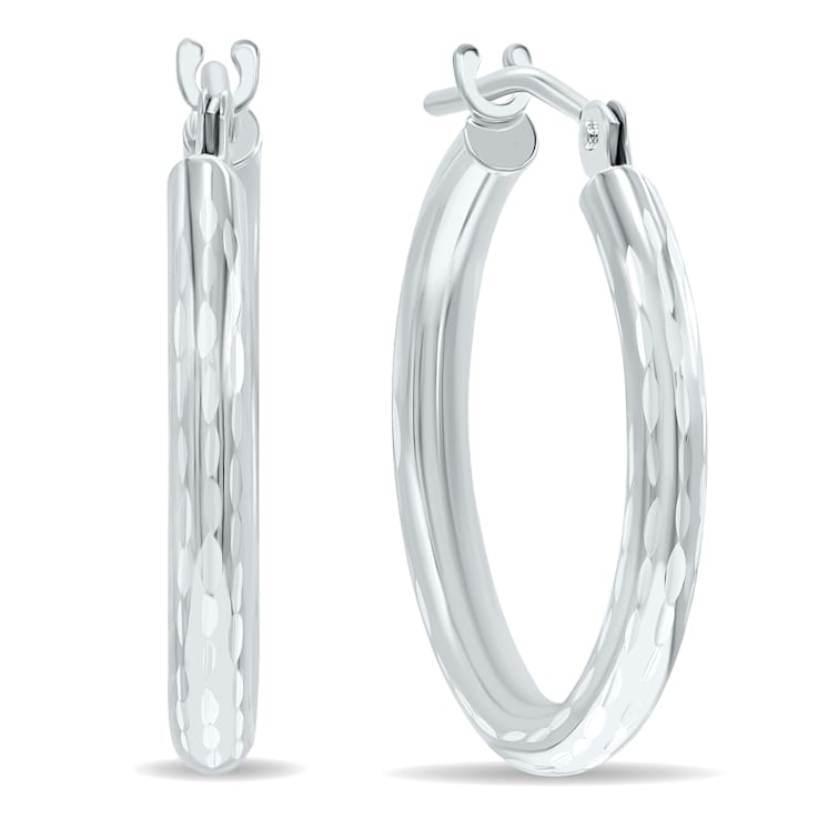 10K White Gold Shiny Diamond Cut Engraved Hoop Earrings (18mm)