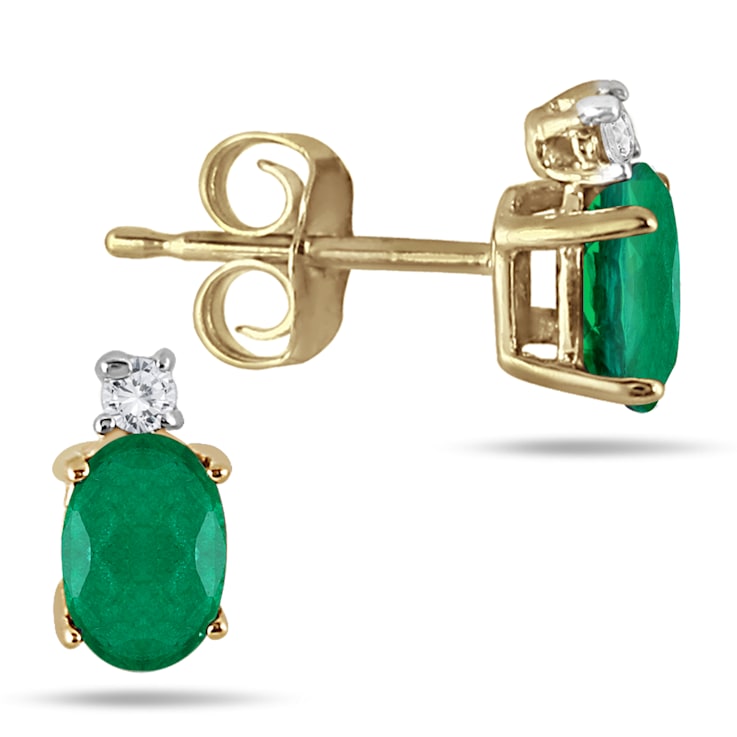 14k Yellow Gold Oval Emerald And Diamond Earrings