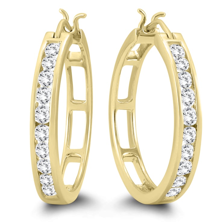 AGS Certified 1 Carat TW Diamond Hoop Earrings in 10k Yellow Gold (K-L  Color, I2-I3 Clarity)