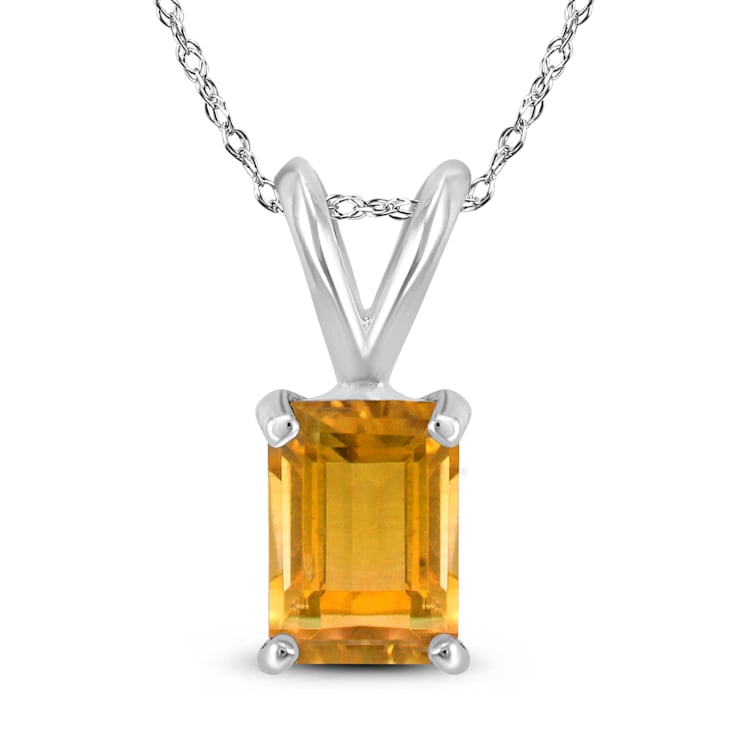 14K White Gold 8x6MM Emerald Shaped Citrine Pendant