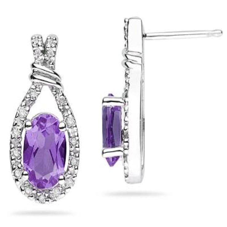 Amethyst & Diamonds Oval Shape Earrings in 10k White Gold
