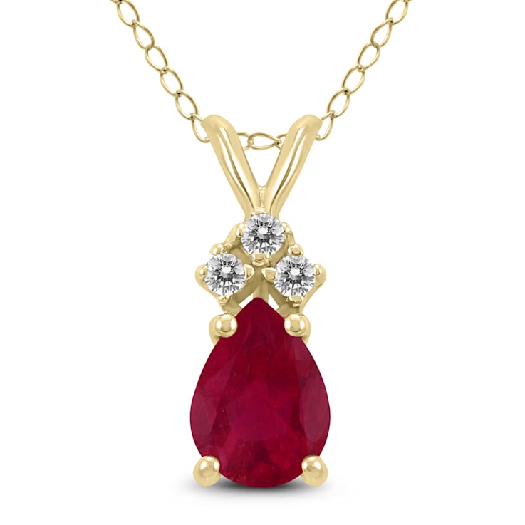 14K Yellow Gold 6x4MM Pear Ruby and Three Stone Diamond Pendant