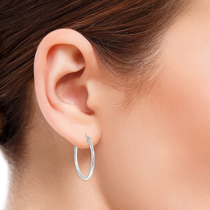 14K White Gold Shiny Diamond Cut Engraved Hoop Earrings (30mm