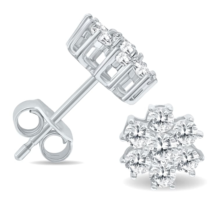 1 Carat TW Diamond Flower Cluster Stud Earrings in 14K White Gold