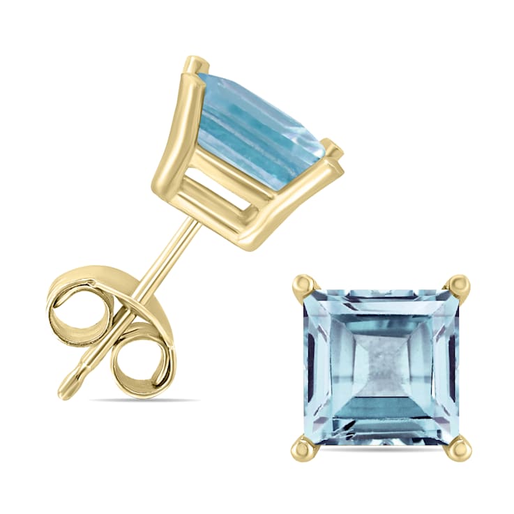 14K Yellow Gold 5MM Square Aquamarine Earrings