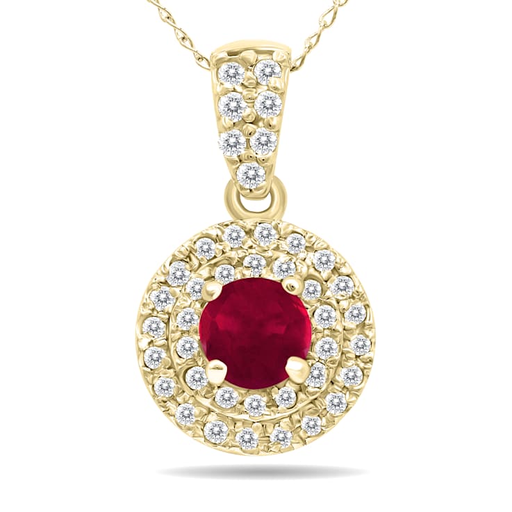 3/4 Carat TW Double Halo Ruby And Diamond Pendant in 10K Yellow Gold