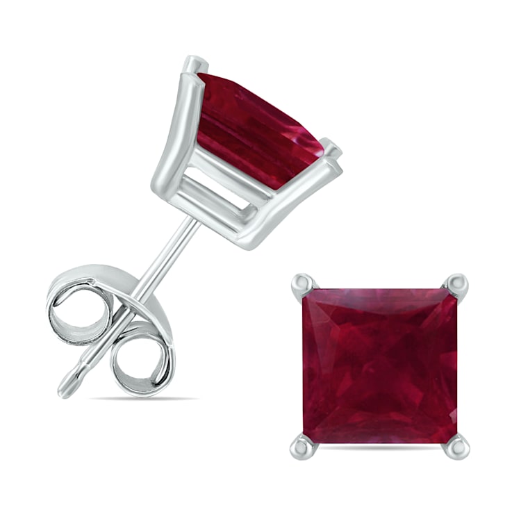 14K White Gold 5MM Square Ruby Earrings